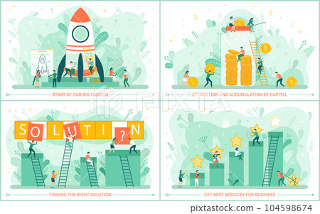 Set of illustrations about starting new project. Rocket launch, rating system, capital accumulation 104598674