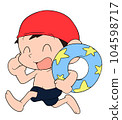 A boy in a swimsuit running with a float 104598717