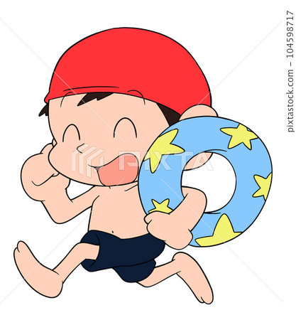 A boy in a swimsuit running with a float A boy in a swimsuit running with a float 104598717