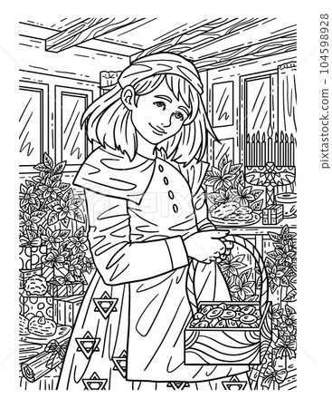 Hanukkah Girl Carrying Basket Adults Coloring Page 104598928