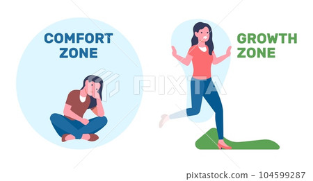 Girl sits in her comfort zone and goes into growth area. Personal boundary and freedom. Alone woman in circle dome. Female leaving introverts barrier. Uncertainty fear. Vector concept Girl sits in her comfort zone and goes into growth area. Personal boundary and freedom. Alone woman in circle dome. Female leaving introverts barrier. Uncertainty fear. Vector concept 104599287