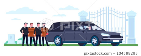 Funeral ritual black hearse car at cemetery. People carry coffin. Burial ceremony. Vehicle cortege to grave. Mourning transportation. Graveyard gate. Auto catafalque. Vector concept Funeral ritual black hearse car at cemetery. People carry coffin. Burial ceremony. Vehicle cortege to grave. Mourning transportation. Graveyard gate. Auto catafalque. Vector concept 104599293