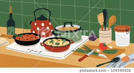 Cooking food in kitchen interior. Pot and pan on stove. Dinner preparation on hob. Slicing vegetables on cutting board. Saucepan with pasta. Products on counter. Garish vector concept Cooking food in kitchen interior. Pot and pan on stove. Dinner preparation on hob. Slicing vegetables on cutting board. Saucepan with pasta. Products on counter. Garish vector concept 104599308