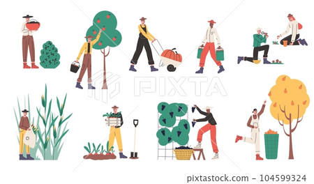Cartoon harvesting farmers. People with baskets and buckets collecting natural crop. Persons pluck fruits and pick vegetables. Agricultural workers in overalls. Vector gardeners set Cartoon harvesting farmers. People with baskets and buckets collecting natural crop. Persons pluck fruits and pick vegetables. Agricultural workers in overalls. Vector gardeners set 104599324