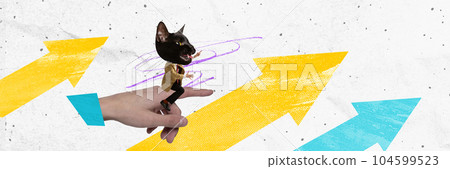 Contemporary art collage. Businessman with cat muzzle sitting on helping hand and moving forward to professional success Contemporary art collage. Businessman with cat muzzle sitting on helping hand and moving forward to professional success 104599523