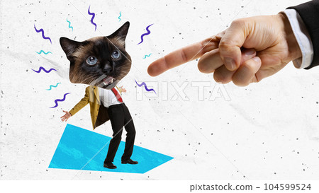 Contemporary art collage. Professional mistake Employee with cat muzzle having challenges at work 104599524