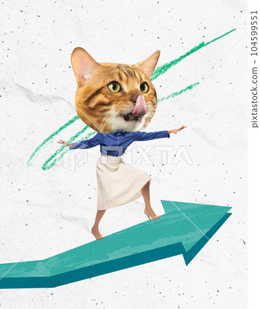 Contemporary art collage. Business woman with cat muzzle surfing on arrow symbolizing promotion and growth 104599551