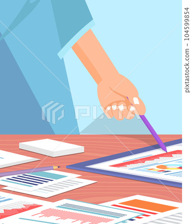 Employees analyze statistical indicators, business data. Characters work with marketing research 104599854