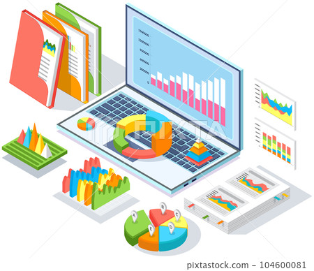 Analyze statistical indicators, business data. Work with marketing research. Data analysis isometric 104600081