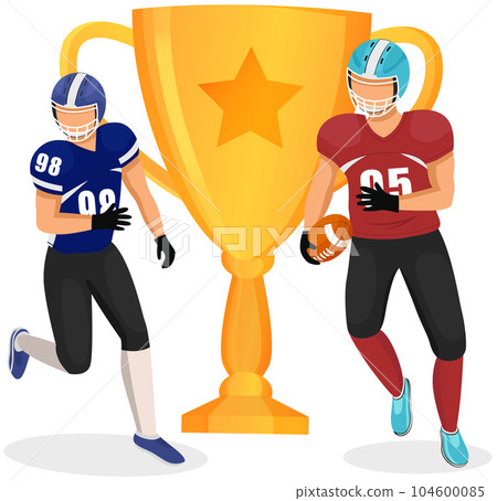 Running american football players cartoon vector sports characters in uniforms and helmets 104600085