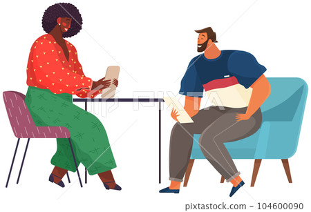 Communication, conversation at workplace. Colleagues communicate. People discuss work questions 104600090