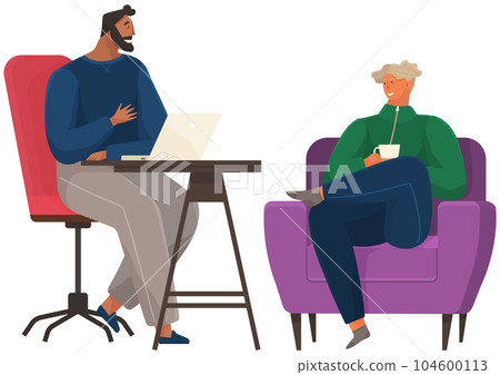Communication, conversation at workplace. Colleagues communicate. People discuss work questions Communication, conversation at workplace. Colleagues communicate. People discuss work questions 104600113
