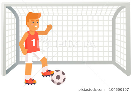 Football player with ball. Soccer trainer near gates with net on playing field isolated on white Football player with ball. Soccer trainer near gates with net on playing field isolated on white 104600197