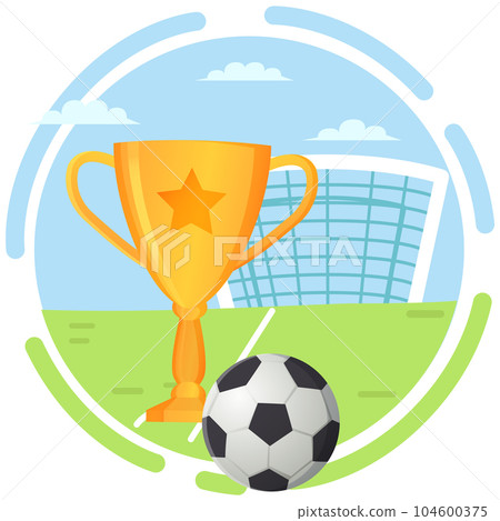 Gold cup near football goal and ball on field sport game competition, championship cup banner Gold cup near football goal and ball on field sport game competition, championship cup banner 104600375