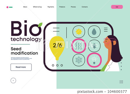 Bio Technology, Seed Modification -modern flat vector concept illustration of scientists choosing features for a seed, genetic modificated variants. Metaphor of direct impact of GMO on vegetation Bio Technology, Seed Modification -modern flat vector concept illustration of scientists choosing features for a seed, genetic modificated variants. Metaphor of direct impact of GMO on vegetation 104600377