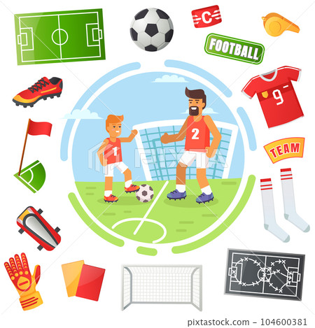 Family father and son playing football. Professional adult soccer player and little boy fan 104600381