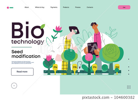 Bio Technology, Seed Modification -modern flat vector concept illustration of scientists analysing genetic modificated variants of a plant. Metaphor of direct impact of GMO on vegetation 104600382