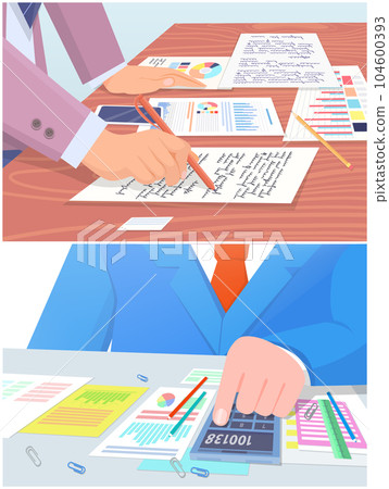 Employees analyze statistical indicators, business data. Characters work with marketing research Employees analyze statistical indicators, business data. Characters work with marketing research 104600393