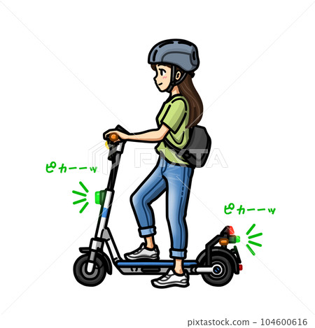 Illustration of a woman riding a specific moped (maximum speed 20km/h) electric kickboard (stopped) Illustration of a woman riding a specific moped (maximum speed 20km/h) electric kickboard (stopped) 104600616