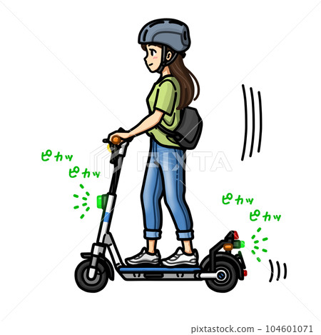 Illustration material of a woman running on an electric kickboard with a special special moped (maximum speed 6 km / h) 104601071