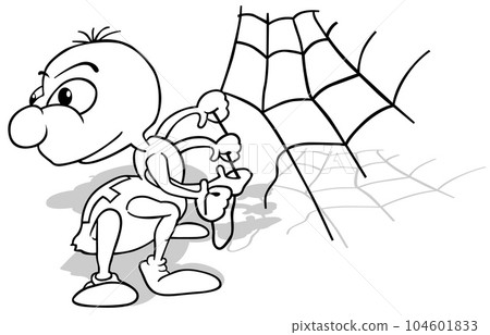 Drawing of a Cute Spider Making a Spider Web 104601833