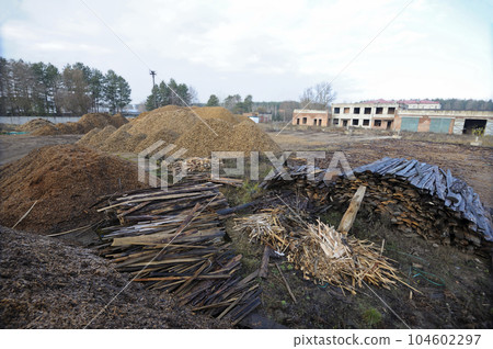 Piles of wood and wood chips which are used by the biggest in Ukraine boiler-house as biofuel. Slavutich, Ukraine Piles of wood and wood chips which are used by the biggest in Ukraine boiler-house as biofuel. Slavutich, Ukraine 104602297
