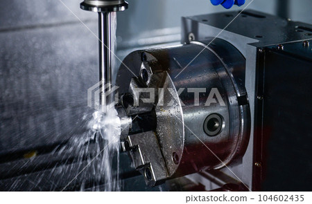 Metalworking CNC milling machine. Cutting metal modern processing Hi-technology machining concept. Metalworking CNC milling machine. Cutting metal modern processing Hi-technology machining concept. 104602435