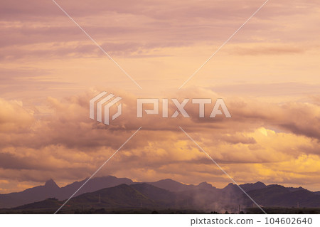 View of landscape nature and mountain with sunlight and sunset or sunrise in morning light 104602640