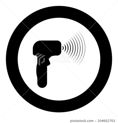 Emitter of waves electron gun manual thermometer forehead infrared device for measuring temperature non-contact contactless digital icon in circle round black color vector illustration image solid 104602703