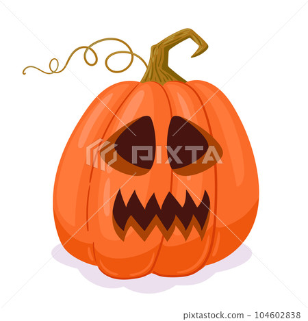 Cartoon carved pumpkin. Halloween scary holiday pumpkin decoration, spooky jack-o-lantern. Halloween pumpkin face flat vector illustration 104602838