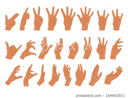 Human hands gestures. Cartoon hand positions, call, ok, index finger and peace sign flat vector illustration set. Sign language collection Human hands gestures. Cartoon hand positions, call, ok, index finger and peace sign flat vector illustration set. Sign language collection 104602851