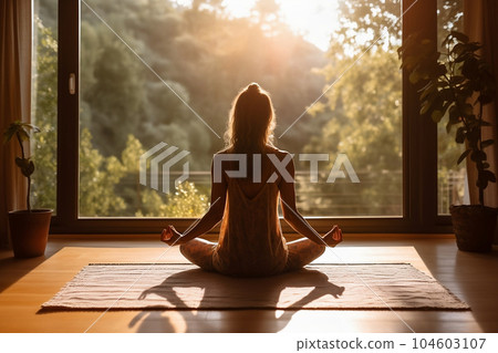 Meditating woman sitting on the floor at home... - Stock Illustration ...