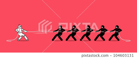 One robot AI artificial intelligence is stronger and better than many humans. Robot tug of war with people. Vector illustration concept of competition, job loss, future workers replacement by AI.  104603131