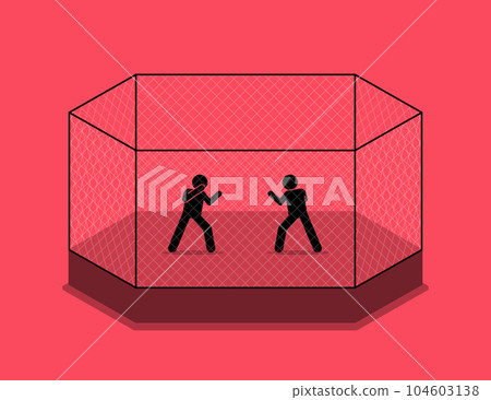 Cage fight between two fighters. Vector illustration depicts concept of cage fighting, boxing match, martial arts, challenge, one on one, rival, clash, and showdown. 104603138
