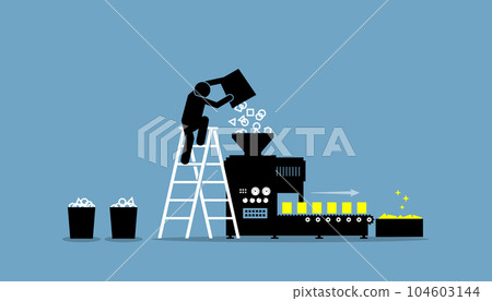 Person pouring and loading raw data into a machine and convert the data into useful and valuable information. Vector illustration depicts concept of data mining, processing, utilization, and compile. Person pouring and loading raw data into a machine and convert the data into useful and valuable information. Vector illustration depicts concept of data mining, processing, utilization, and compile. 104603144