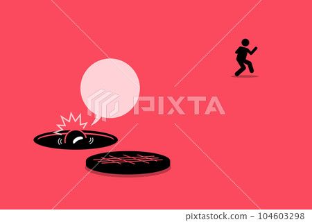Man abandon his friend in the hole and run away. Vector illustration depicts concept of neglect, selfish, unreliable, untrustworthy, backstab, forsake, unreliable, and bad person. Man abandon his friend in the hole and run away. Vector illustration depicts concept of neglect, selfish, unreliable, untrustworthy, backstab, forsake, unreliable, and bad person. 104603298