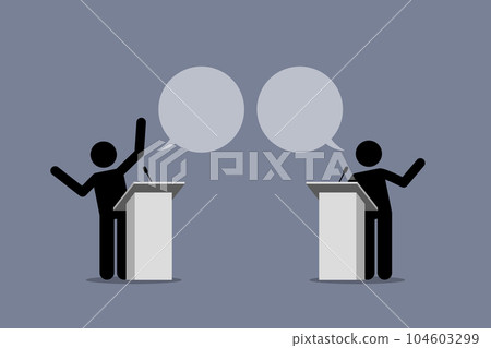 Two speaker debate and argue on a podium. Vector illustration depicts concept of argument, political point of view, disagreement, discussion, different opinions, and presentation.  104603299