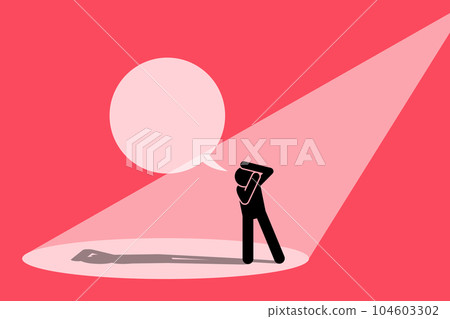 Person trying to avoid limelight and covering his eyes from glaring spotlight. Vector illustration depicts concept of infamous, reject fame, shy away from public interest, and unwanted attention. Person trying to avoid limelight and covering his eyes from glaring spotlight. Vector illustration depicts concept of infamous, reject fame, shy away from public interest, and unwanted attention. 104603302