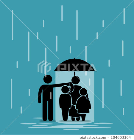 Father holding an umbrella sheltering his family from rain while sacrificing himself wet outside the umbrella. Vector illustration depicts concept of love, sacrifice, devotion, guardian, and care. Father holding an umbrella sheltering his family from rain while sacrificing himself wet outside the umbrella. Vector illustration depicts concept of love, sacrifice, devotion, guardian, and care. 104603304