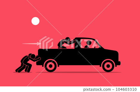 Foolish man helping people to push a broken pickup truck from the cargo bed. Vector illustration depicts concept of stupid, idiotic, fool, pointless, mistake, irrational, and not helping. 104603310