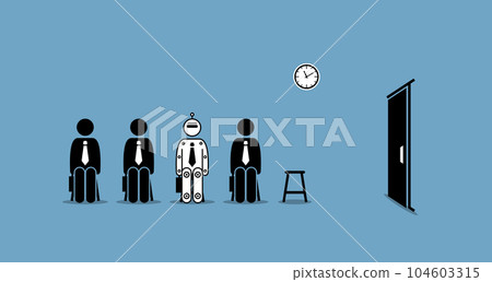 Robot at job interview competing with human for work in technological revolution. Vector illustrations depict concept of future technology and artificial intelligence replacing mankind at workplace. Robot at job interview competing with human for work in technological revolution. Vector illustrations depict concept of future technology and artificial intelligence replacing mankind at workplace. 104603315