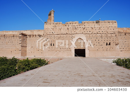 Entrance of El Badi palace with stork's nest in Marrakech city, Morocco Entrance of El Badi palace with stork's nest in Marrakech city, Morocco 104603430