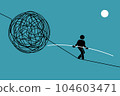 Person successfully walk over a chaotic and dangerous tightrope challenge. Vector illustrations clip art depicts concept of effort, success, daring, risk, difficult, and balance. 104603471