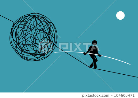 Person successfully walk over a chaotic and dangerous tightrope challenge. Vector illustrations clip art depicts concept of effort, success, daring, risk, difficult, and balance. 104603471