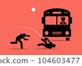 Throw someone under the bus. Vector illustrations clip art depicts concept of betrayal, sacrificial, exploitation, blame, undermine, vilify, and scapegoat.  104603477
