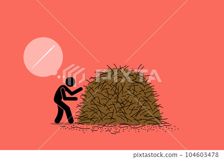 Finding a needle in a haystack. Vector illustrations clip art depicts concept of difficult task, impossible mission, hidden gem, challenging job, and extreme effort. Finding a needle in a haystack. Vector illustrations clip art depicts concept of difficult task, impossible mission, hidden gem, challenging job, and extreme effort. 104603478