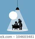 Teacher teaching a child in a one to one tuition session. Vector illustrations clip art depicts concept of study, learning, education, development, dedication, motivation, nurture, and cultivation. 104603481
