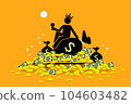 Man wearing a crown sitting on a pile of money and gold coins. Vector illustrations clip art depicts concept of rich, wealth, inheritance, lucky, fortune, treasure trove, and extravagant.  104603482