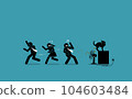 Shit hit the fan. Vector illustrations clip art depicts concept of company business havoc, issue, problem, disorder, chaos, crisis, and disarray.  People running away to avoid the feces flying around. 104603484