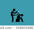 A person turning a wind up toy key crank on a tired man back. Vector illustrations clip art depicts concept of power up, booster, tired, idle, stimulus, and recharge energy. 104603486